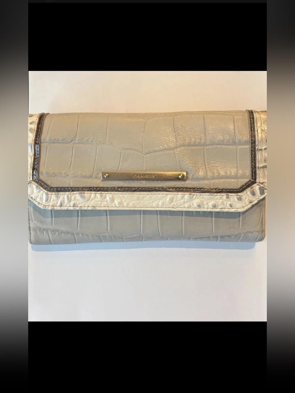 Brahmin Light Gray and Ivory Croc-Embossed Leather Clutch